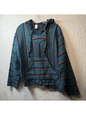 Molina Baja Hoodie Mexico Striped Multicolor Pullover Front Pocket Hood Large
